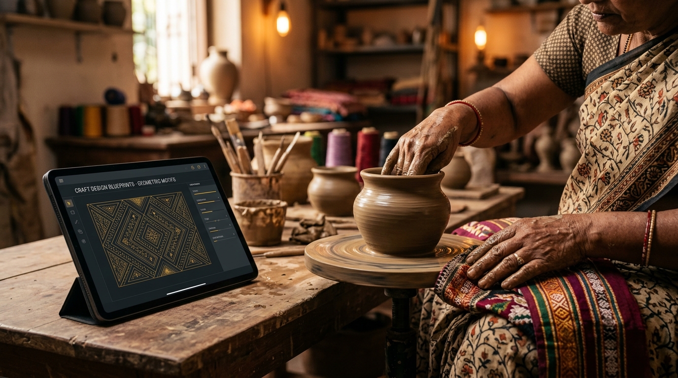 Hands Shaping Pottery with Digital Blueprints